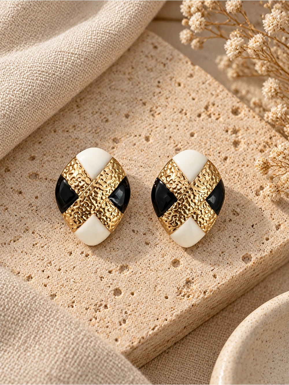 Vintage Style Black & Ivory Gold Statement Earrings